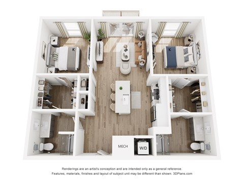 Floor plan for 2 beds, 2 baths, 1030 sqft
